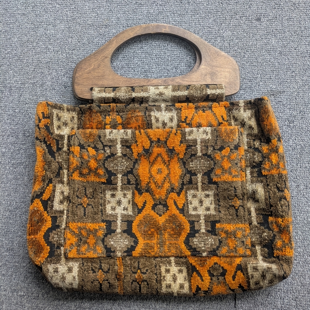 Vintage Wood Handle Brown Orange Carpet Bag
